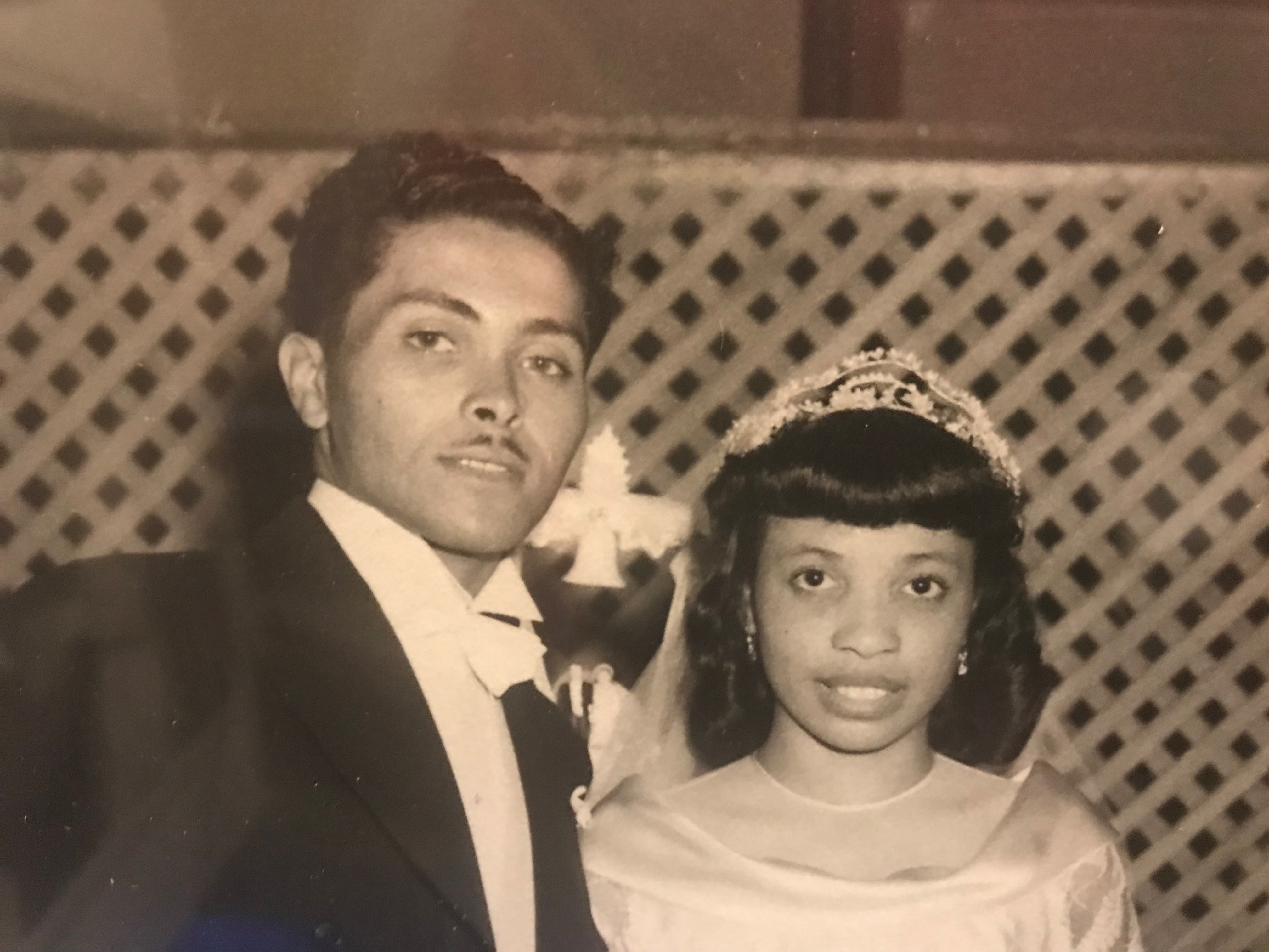 A vintage wedding portrait of Karen's mother and father